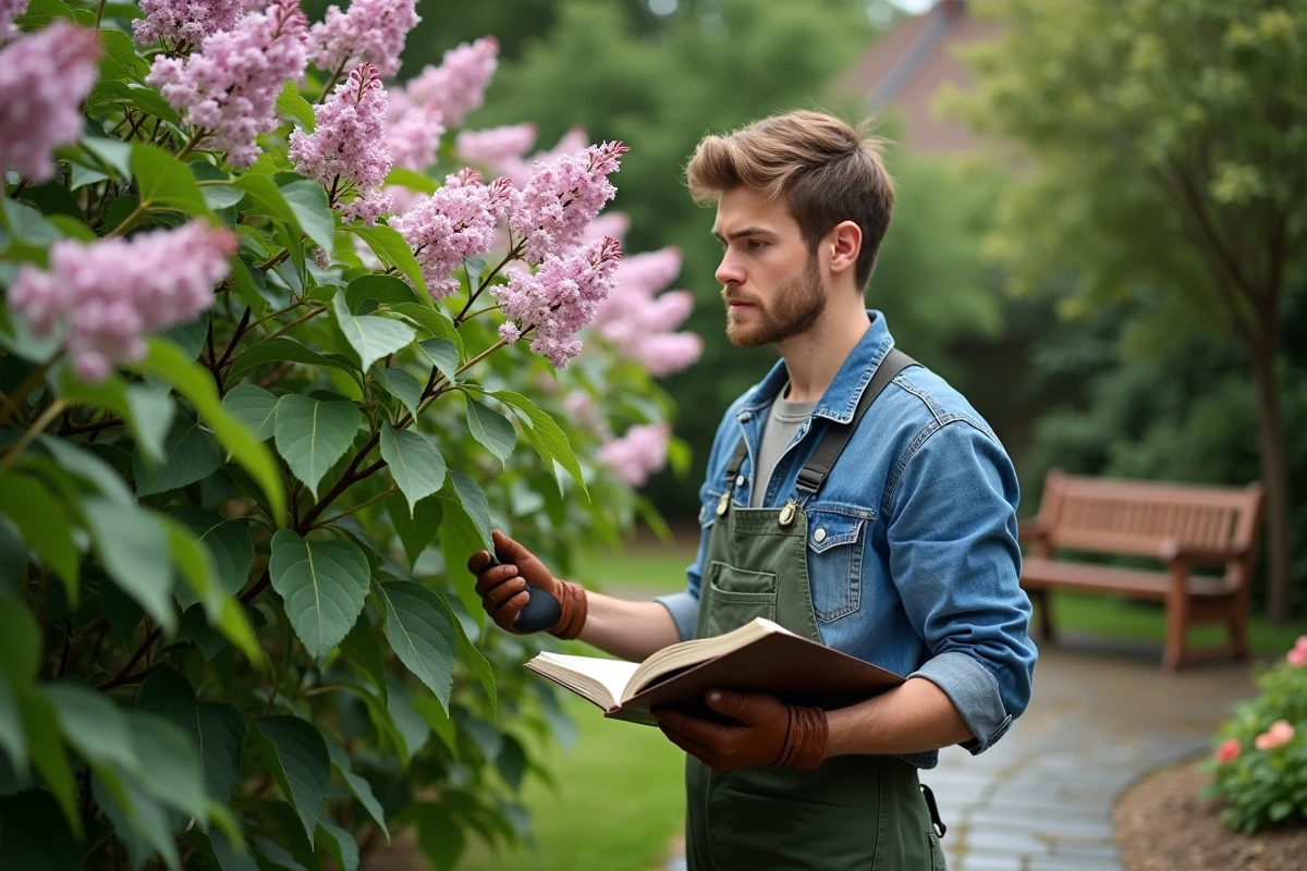 Jeune homme inspectant un lilas dans son jardin