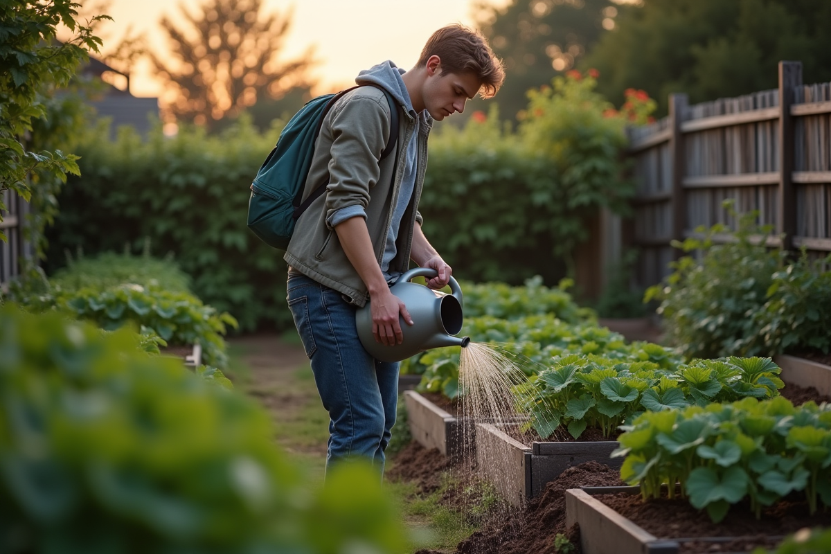 Jeune homme arrosant un jardin potager en soirée