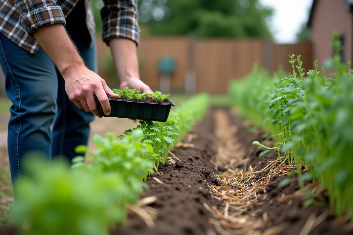 Jeune homme plantant des légumes dans un jardin suburbain