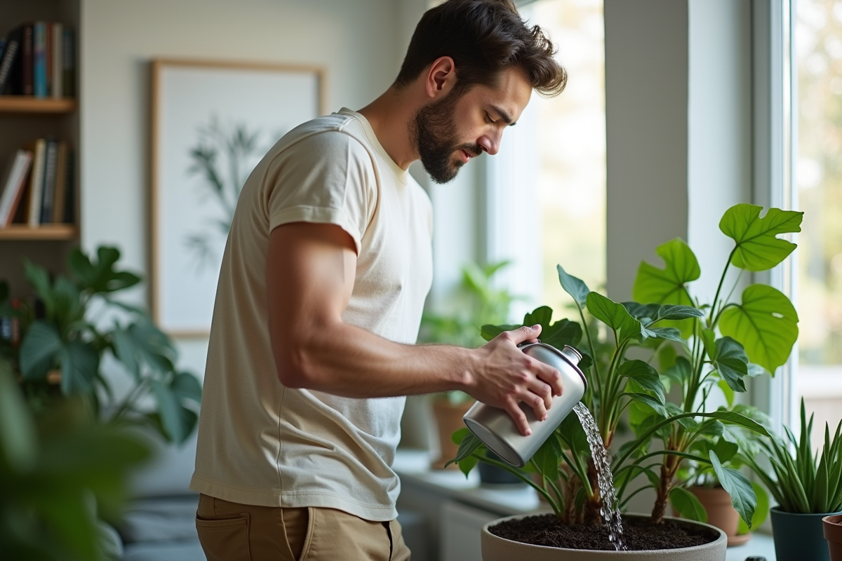Jeune homme arrosant des plantes d