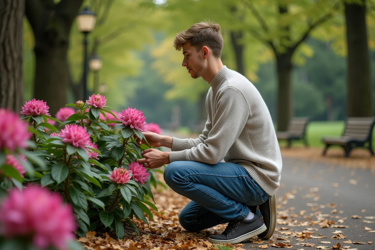 Jeune homme dans un parc botanique près de rhododendrons