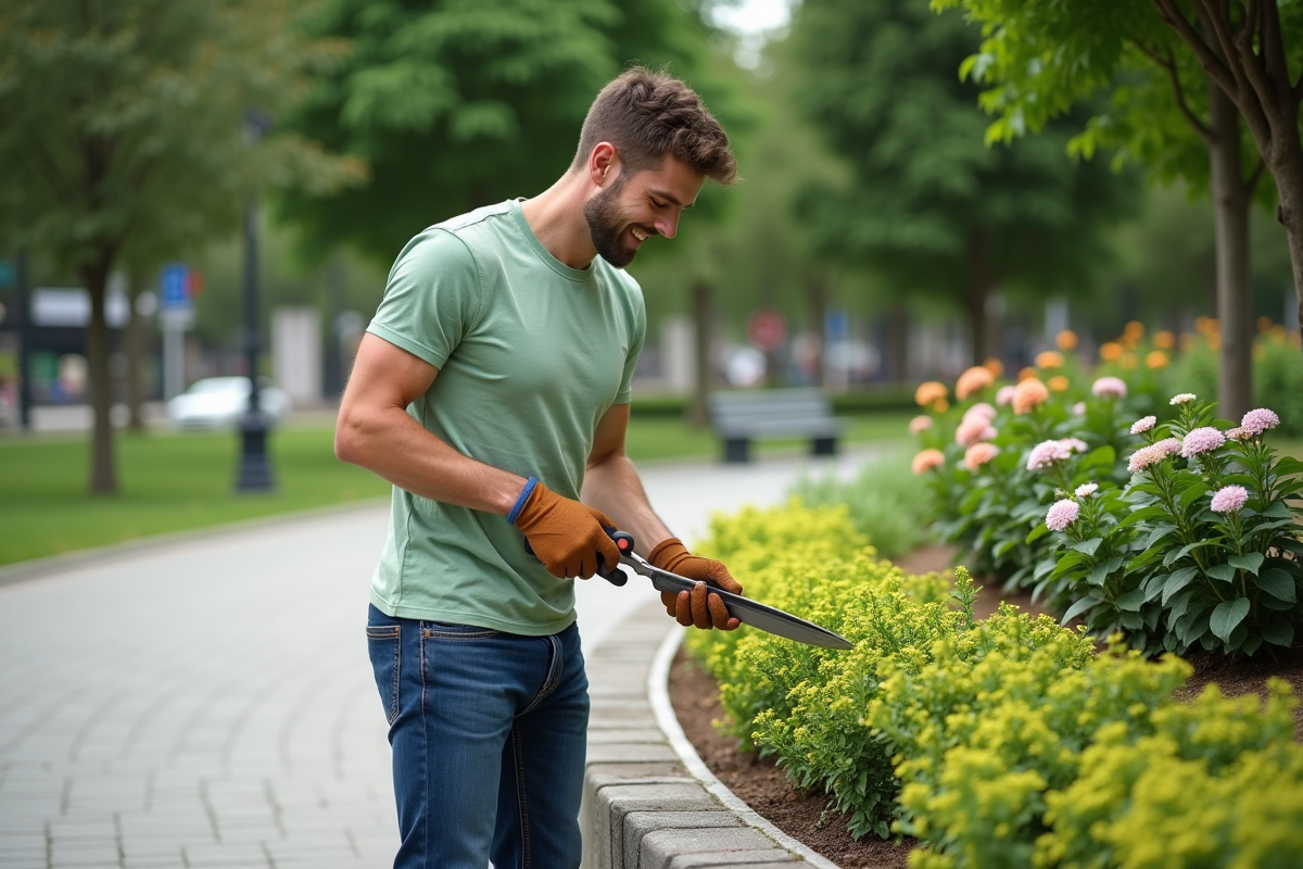 Jeune homme en t-shirt vert taillant des arbustes dans un parc urbain