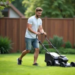 Jeune homme poussant une tondeuse sans fil dans un jardin