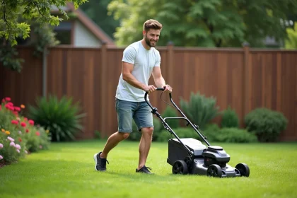 Jeune homme poussant une tondeuse sans fil dans un jardin