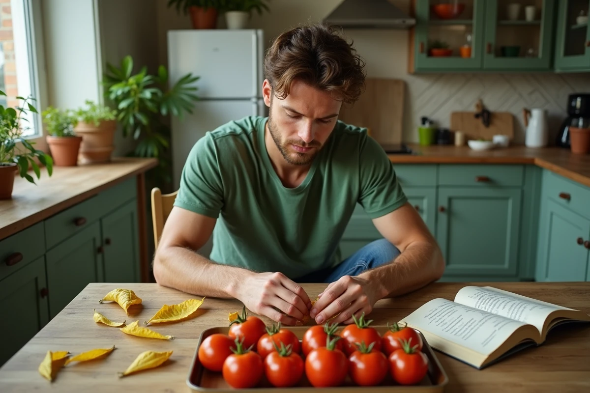 Jeune homme triant des feuilles de tomate sur la table de cuisine