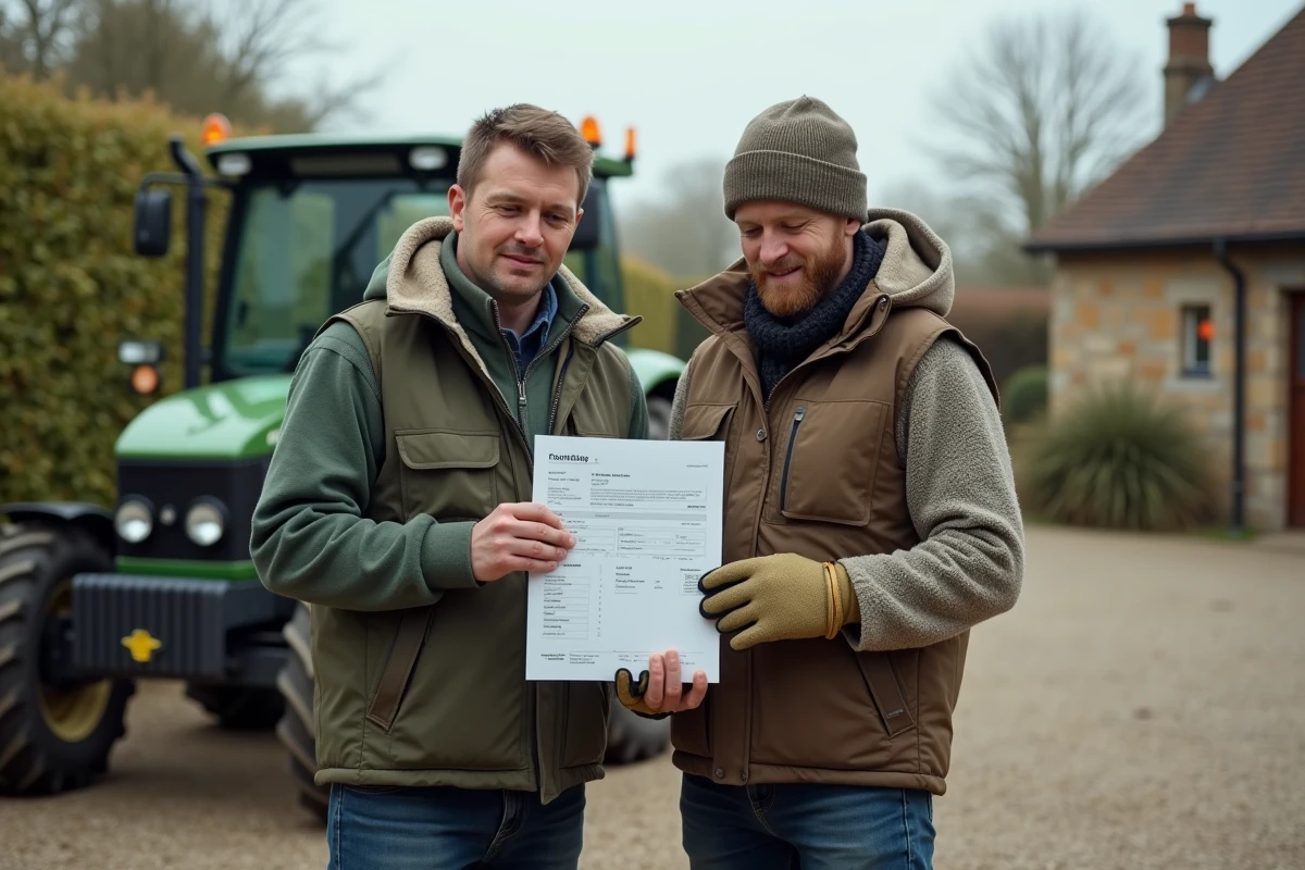 Deux jeunes agriculteurs consultant une facture près d'un tracteur dans une ferme, représentant l'achat de matériel agricole à budget maîtrisé