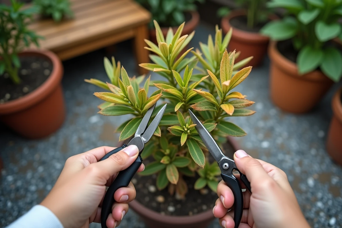 Mains de jeunes taillant un arbuste Geraldton Wax avec des feuilles brunes