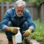 Jardinier lisant les instructions de dosage d'un désherbant total sur l'étiquette du flacon dans un jardin envahi de mauvaises herbes