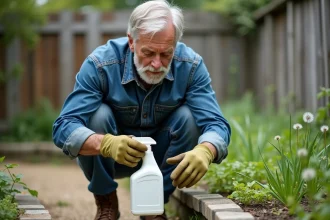 Jardinier lisant les instructions de dosage d'un désherbant total sur l'étiquette du flacon dans un jardin envahi de mauvaises herbes