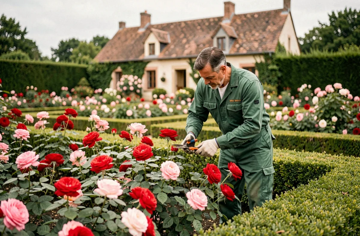 Jardinier des Jardins d'Antoine taillant des rosiers dans un jardin à la française dans l'Ain