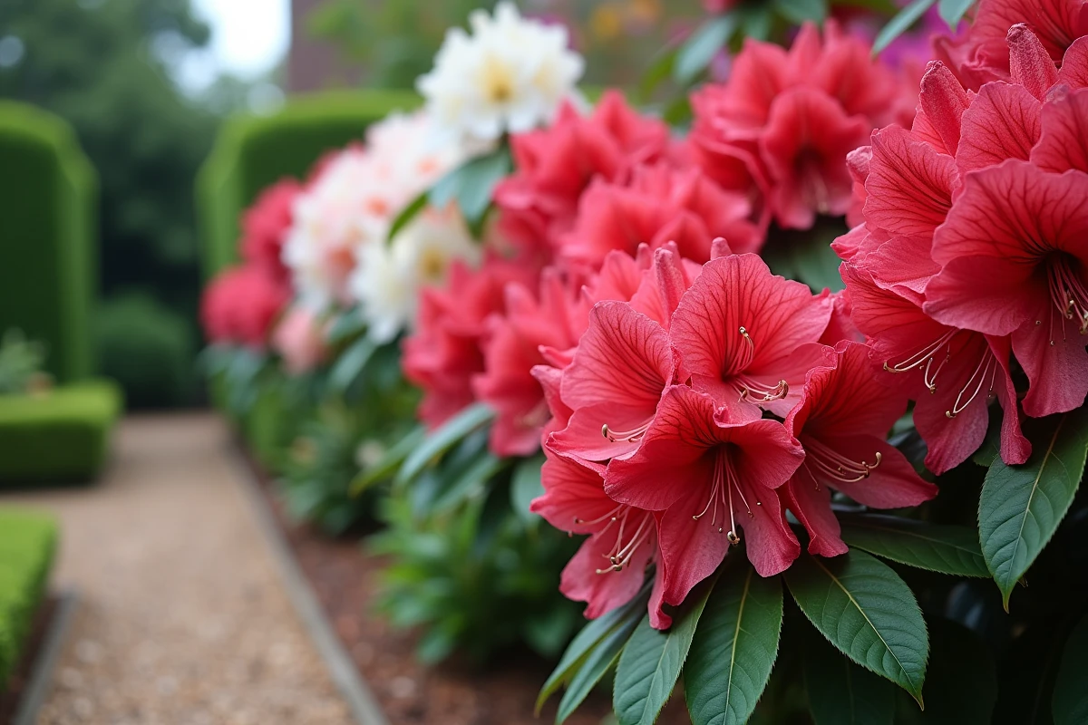Massif spectaculaire de rhododendrons matures en pleine floraison avec des grappes de fleurs rouges et blanches dans un jardin formel