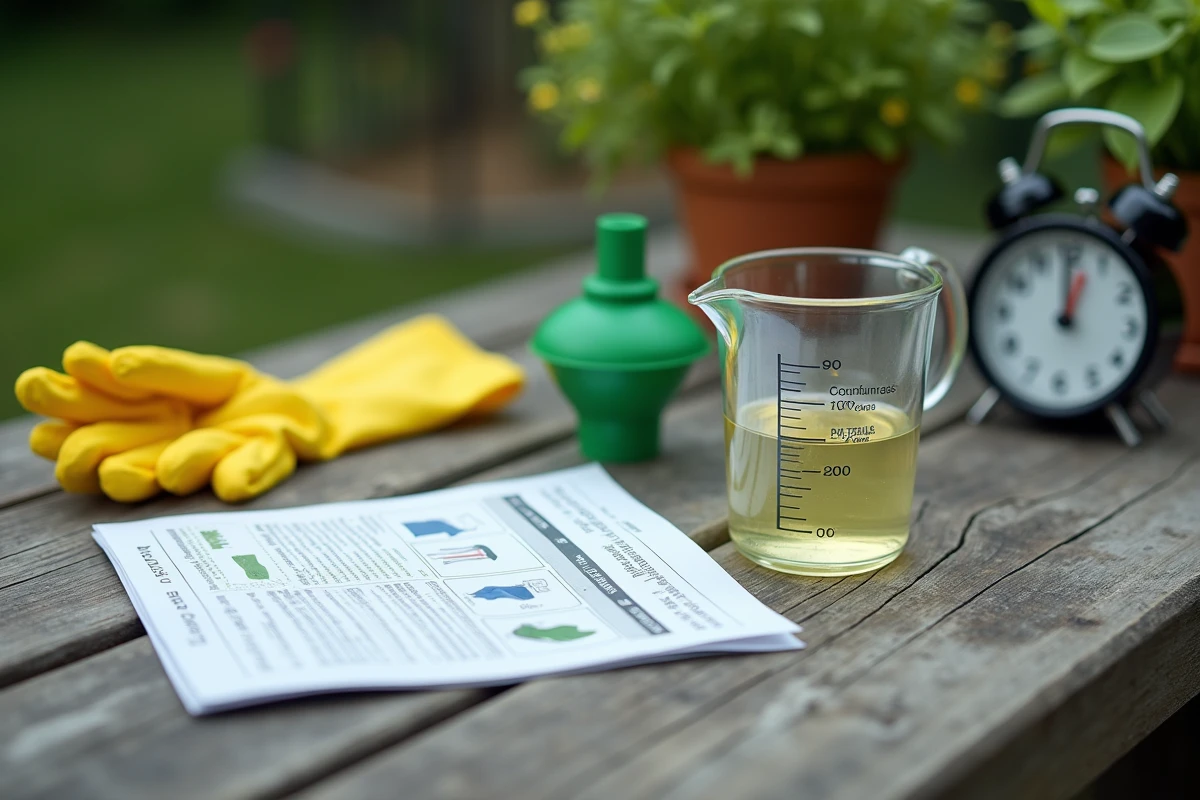 Matériel de dosage pour désherbant total posé sur une table de jardin : verre doseur, notice, gants de protection et minuterie avant plantation