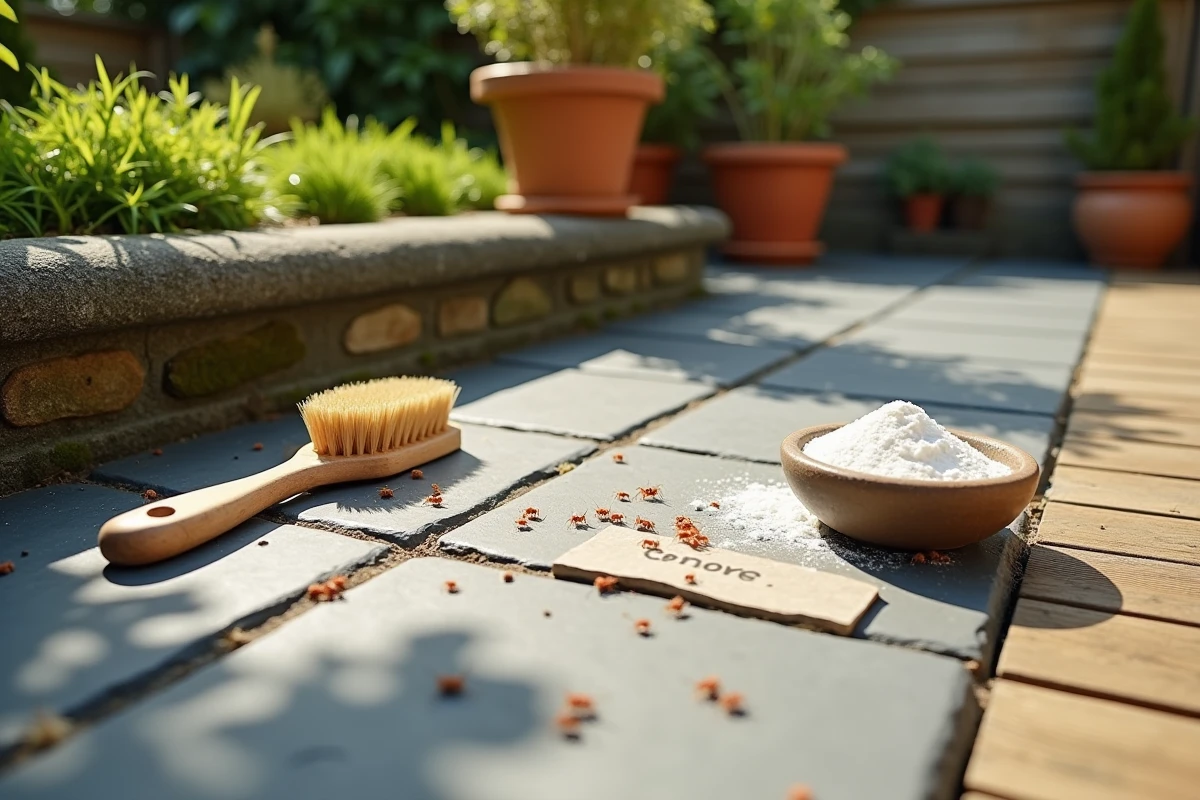 Vue large d'une terrasse extérieure avec carrelage ardoise montrant des acariens rouges et des méthodes de lutte naturelle avec terre de diatomée