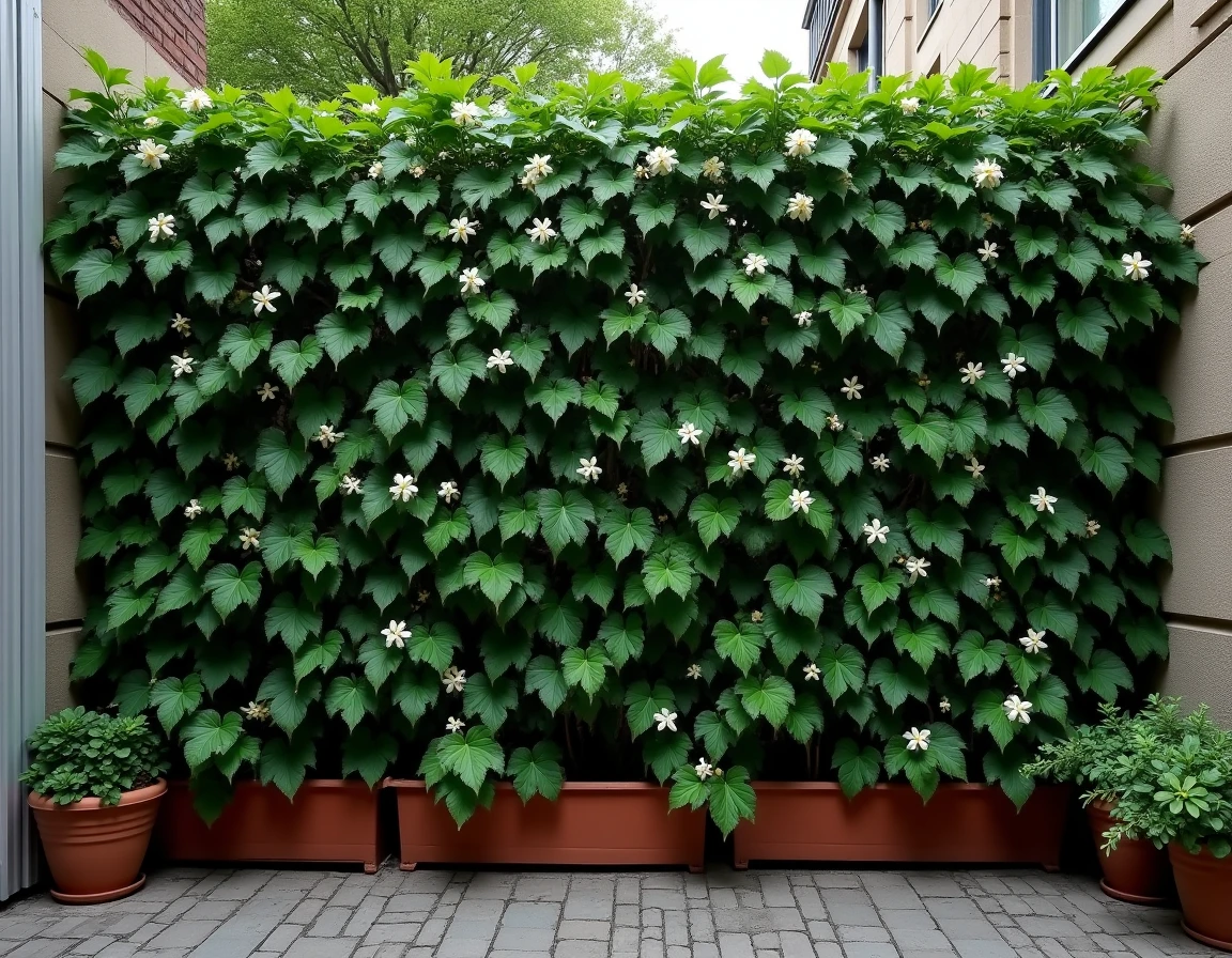 Mur végétal dense de jasmin étoilé en fleurs dans une cour urbaine avec feuillage vert brillant