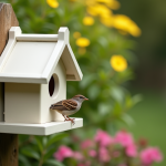 Petit nichoir en PVC fixé à une clôture en bois dans un jardin verdoyant