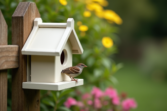 Petit nichoir en PVC fixé à une clôture en bois dans un jardin verdoyant