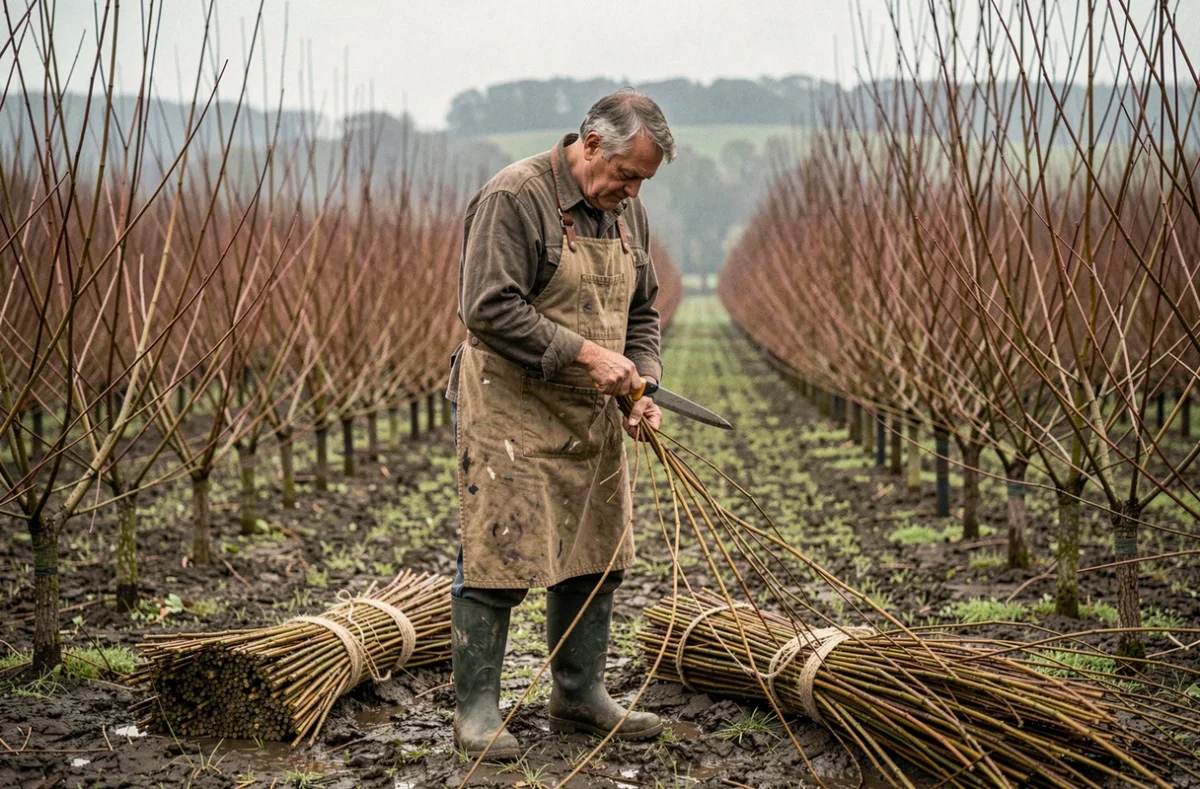 Osiériculteur récoltant des tiges de saule dans les plantations de L'Osier de Gué Droit à Saché