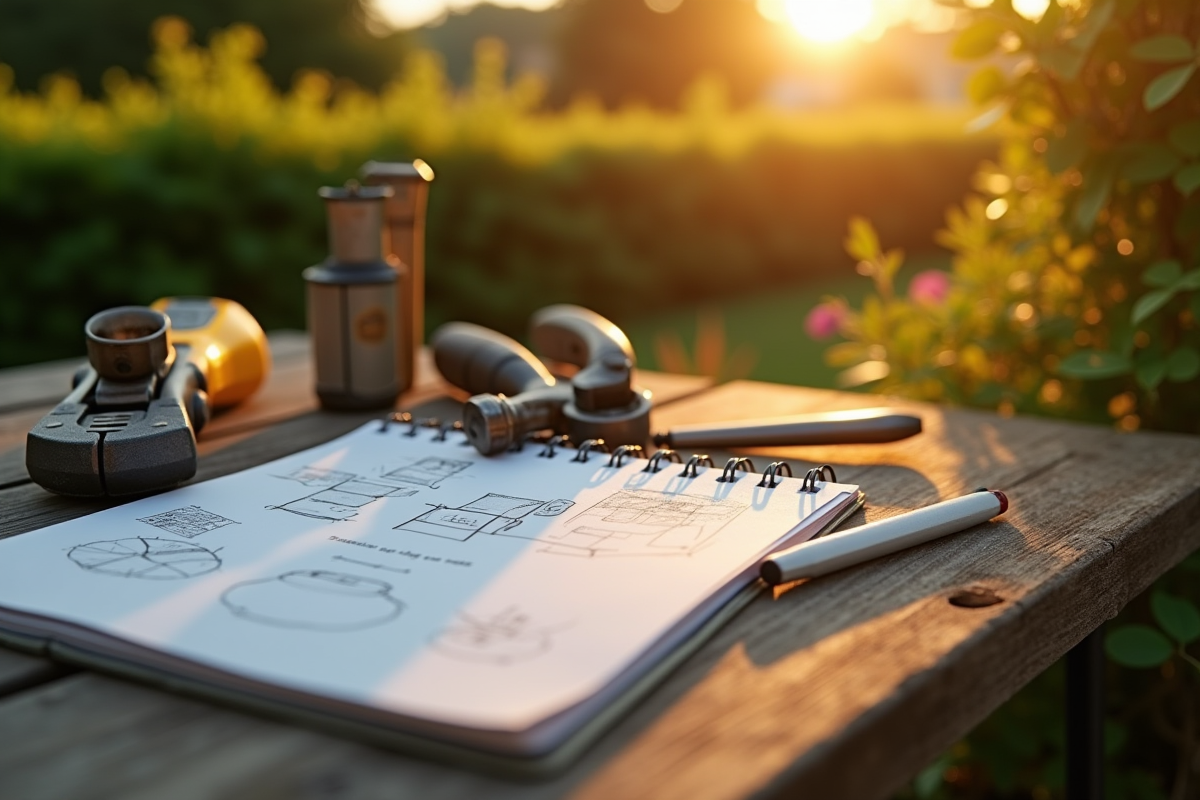 Outils et croquis sur une table en bois au soleil couchant