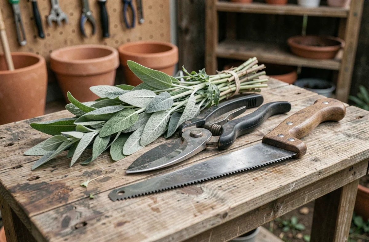 Outils de taille pour sauge arbustive : sécateur et élagage posés sur établi de jardin