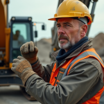 Ouvrier construction inspectant une excavatrice hydraulique