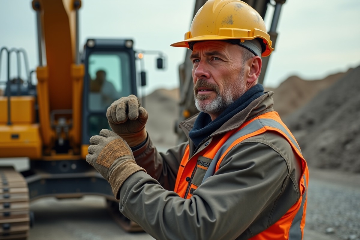 Ouvrier construction inspectant une excavatrice hydraulique