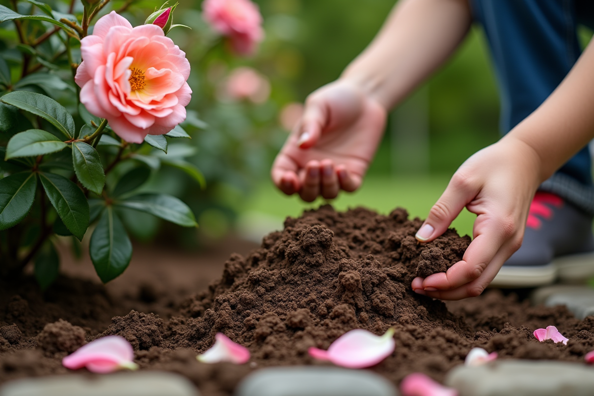 Jeunes mains dispersant du mulch autour d un rosier en fleurs