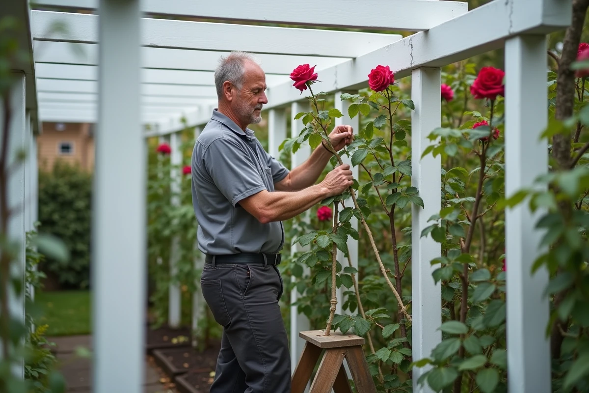 Jardinier sur un escabeau en train d'attacher et de palissier des tiges de rosier grimpant sur une pergola blanche au printemps