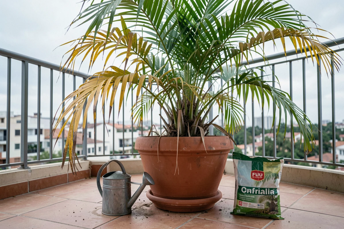 Palmier en pot avec feuilles jaunissantes sur un balcon urbain après un rempotage récent