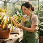 Femme examinant les feuilles jaunies d'un palmier en pot après rempotage dans une serre domestique