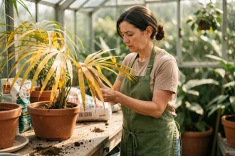 Femme examinant les feuilles jaunies d'un palmier en pot après rempotage dans une serre domestique