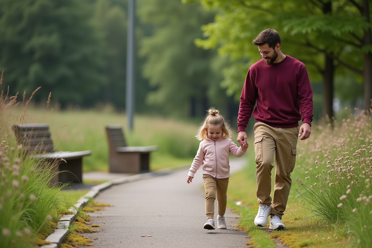 Père et fille marchant sur un chemin fleuri dans un parc