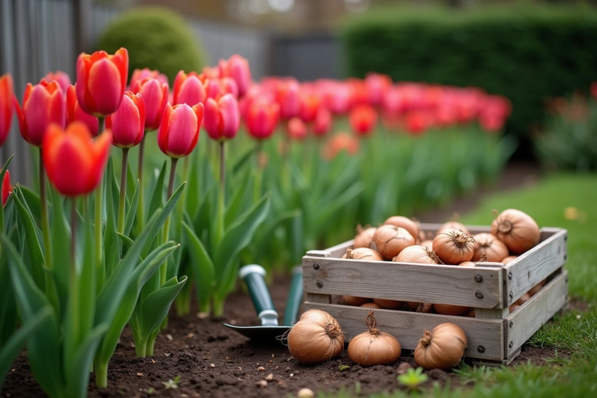 Parterre de tulipes en fleurs avec des bulbes extraits dans une caisse en bois et une truelle dans un jardin de banlieue