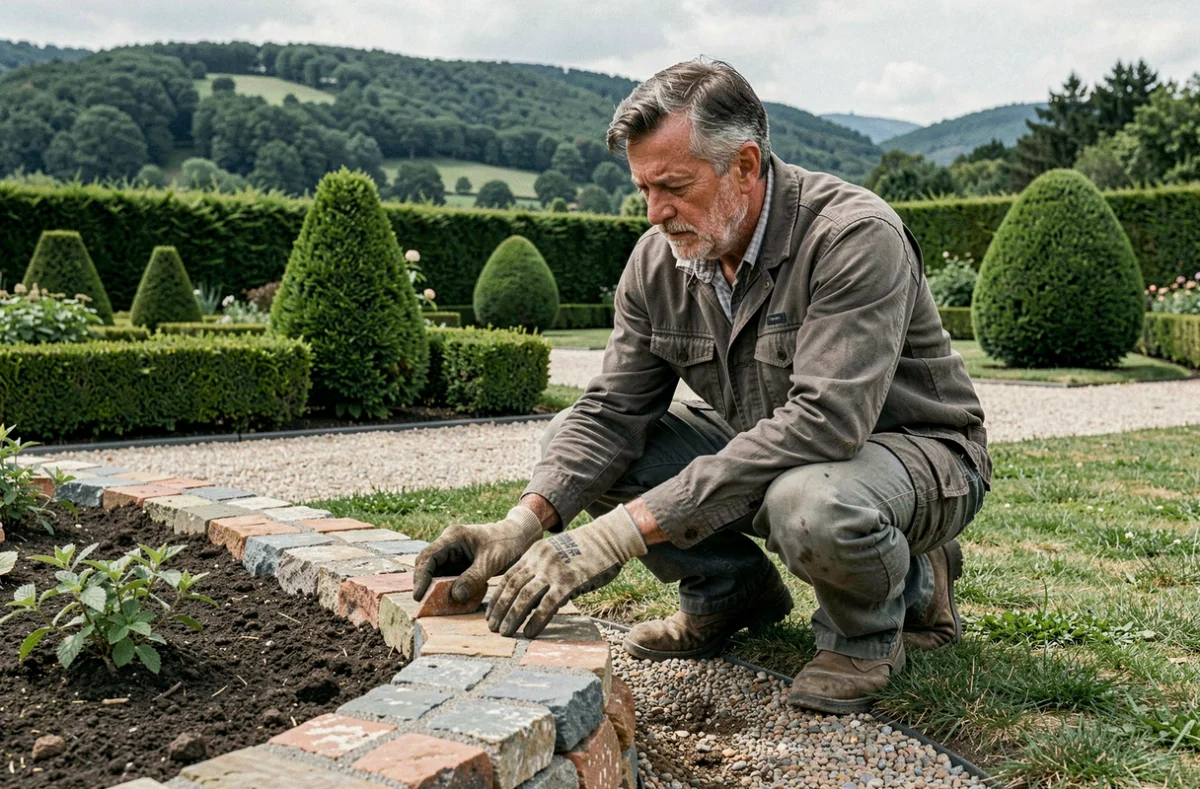 Paysagiste Pascal Chenevier posant des bordures en pierre dans un jardin de la Loire