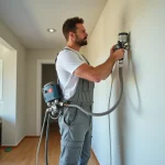 Peintre professionnel utilisant un pulvérisateur dans une maison moderne