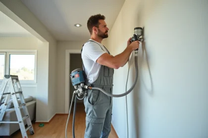 Peintre professionnel utilisant un pulvérisateur dans une maison moderne