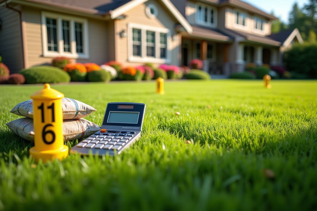 Pelouse bien tondue avec outils de calcul et sacs de graines
