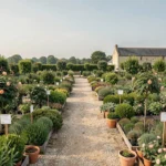 Vue panoramique d'une pépinière en Centre-Val de Loire avec des rangées de plantes, arbustes et rosiers sous un ciel bleu pâle