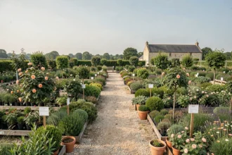Vue panoramique d'une pépinière en Centre-Val de Loire avec des rangées de plantes, arbustes et rosiers sous un ciel bleu pâle