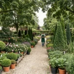 Vue panoramique d'une pépinière des Pays de la Loire avec allées de plantes en pot, arbustes fleuris et arbres ornementaux