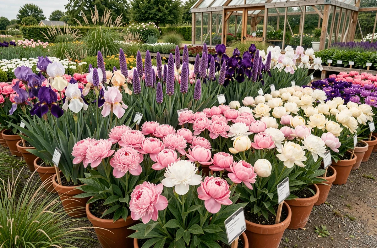 Rangées de pivoines et d'iris en pleine floraison dans la pépinière Pivoines Tricot à Orléans