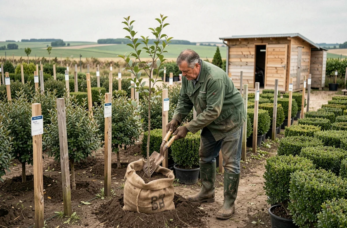 Ouvrier de pépinière transplantant un jeune arbre dans la pépinière Roulleau à Saint-Denis-en-Val
