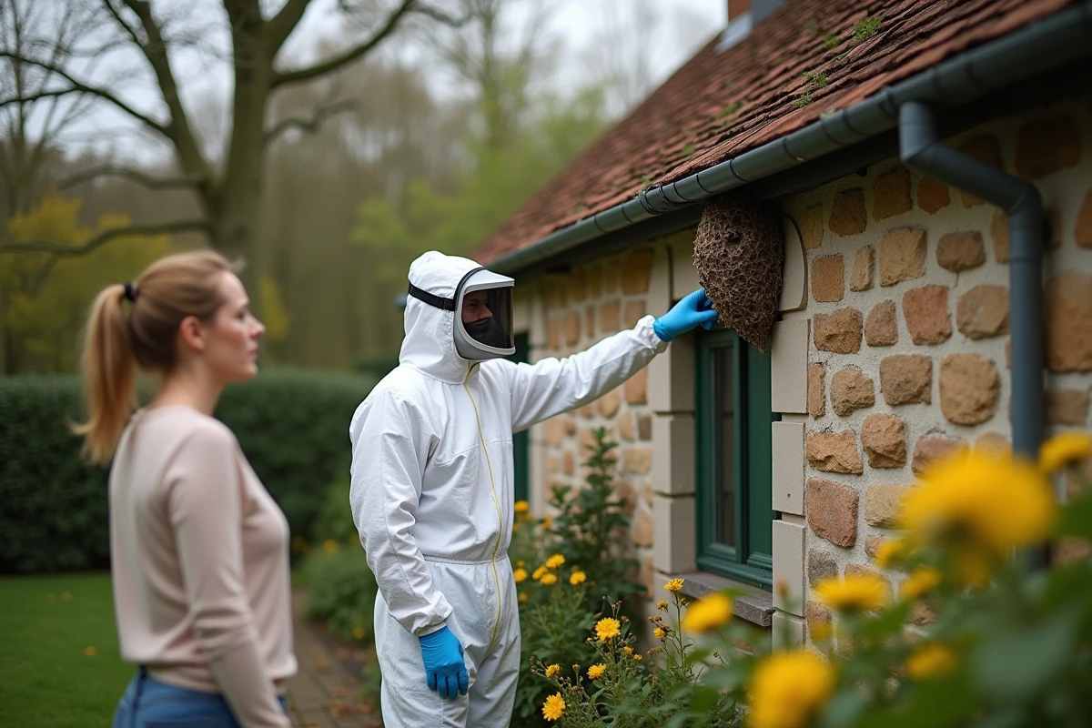 Agent de lutte antiparasitaire parlant à une femme dans le jardin
