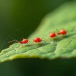 Gros plan macro de petites bêtes rouges (acariens tétranyques) sur une feuille verte avec toile de soie visible par temps chaud
