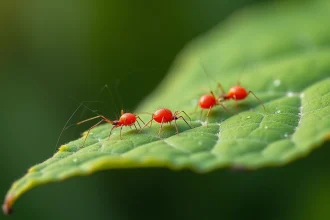 Gros plan macro de petites bêtes rouges (acariens tétranyques) sur une feuille verte avec toile de soie visible par temps chaud