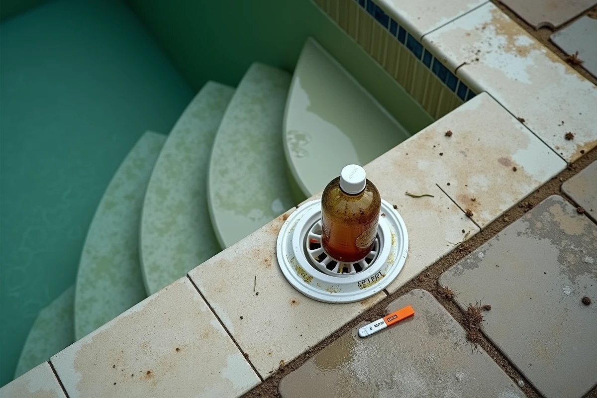 Vue aérienne d'une piscine à l'eau verte avec bouteille de chlore choc et filtre colmaté