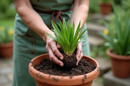 Femme plantant un agapanthe dans un grand pot en terre cuite sur une terrasse en pierre