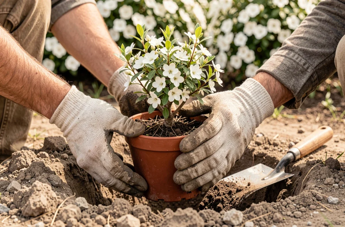 Mains d'un jardinier tenant un arbuste à fleurs blanches en pot prêt à être planté dans un sol calcaire au printemps
