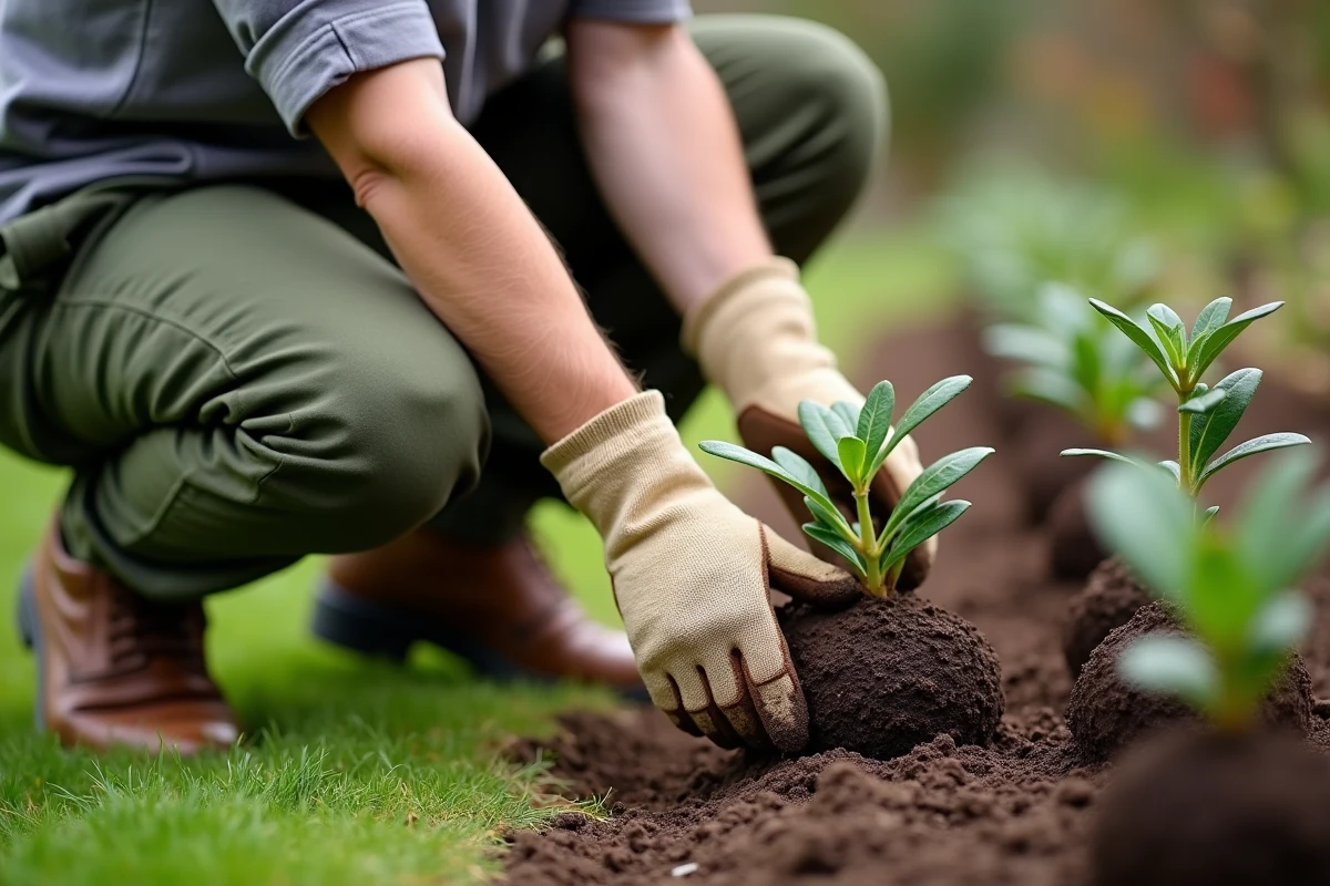 Jardinier en train de planter un jeune rhododendron en pleine terre pour former une haie fleurie au printemps