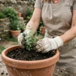 Femme qui plante du thym en pot sur un établi de jardinage en bois avec de la terre fraîche et des outils de jardinage