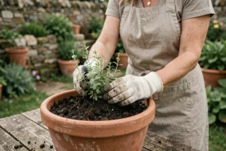 Femme qui plante du thym en pot sur un établi de jardinage en bois avec de la terre fraîche et des outils de jardinage